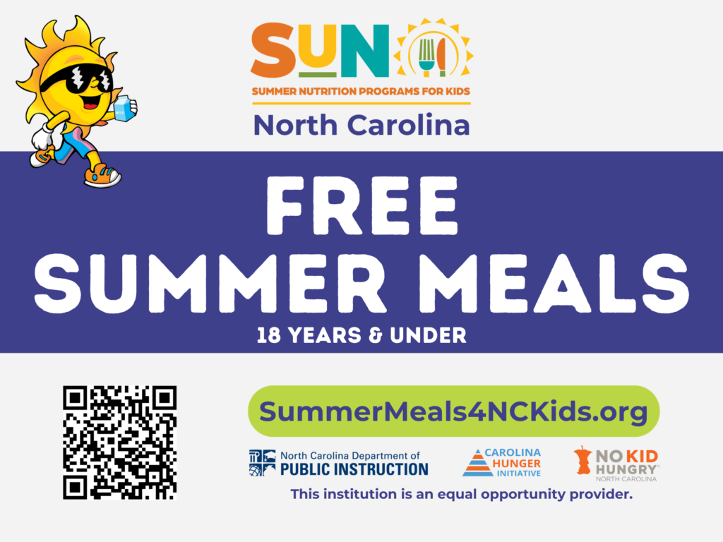 Vehicle Magnet that has a sun mascot and and the "SUN Summer Nutrition Program for Kids North Carolina" logo. The design says " Free Summer Meals 18 years and under" with the URL summermeals4nckids.org on it. Three logos are at the bottom: NC Department of Public Instruction, Carolina Hunger Initiative, and No Kid Hungry