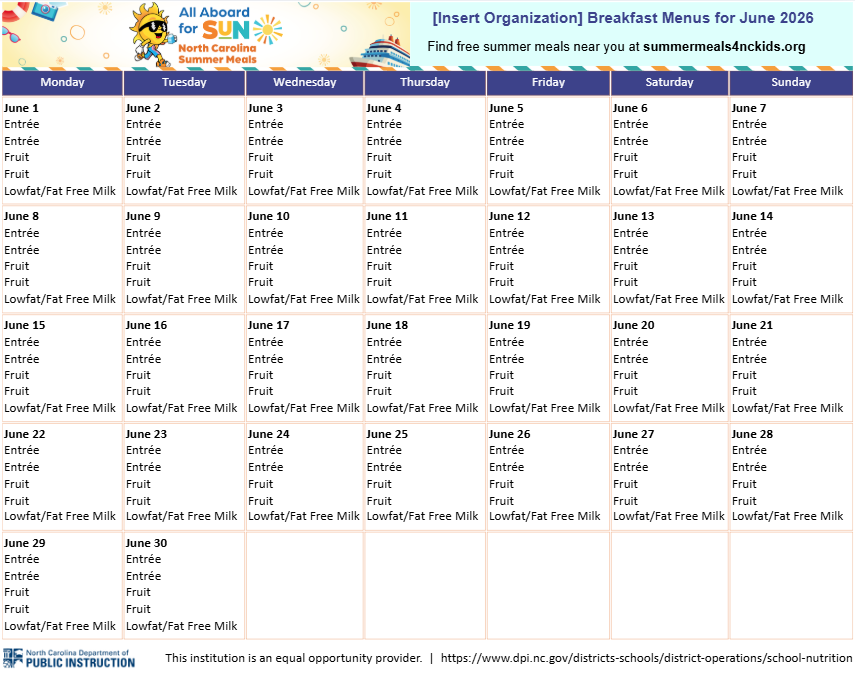 Representation of a calendar with menu items on each day.